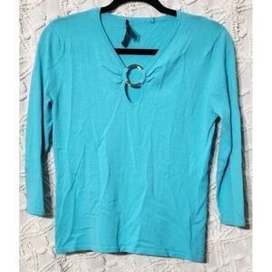 Cable and Gauge Blouse Womens PS Blue Lightweight Stretchy Sweater Metal‎ Circle